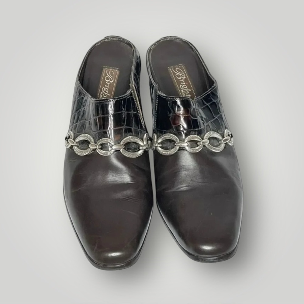 Brighton Leather Mules Heels Size 6.5 Twiggy Chain Link Croc Embossed Italy - Picture 8 of 9
